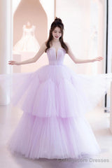 Purple Tulle Long A-Line Formal Dress, A-Line Strapless Evening Party Dress