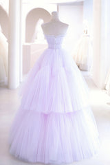 Purple Tulle Long A-Line Prom Dress, A-Line Strapless Evening Gown