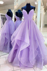 Purple Tulle Long A-Line Prom Dresses, Spaghetti Strap Formal Evening Dresses