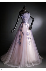 Purple Tulle Long Gradient Party Dress with Flower Lace Applique, Light Purple Prom Dresses