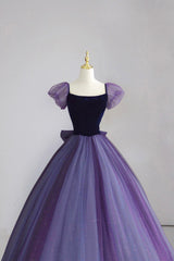 Purple Tulle Long Prom Dress with Velvet, Cute A-Line Short Sleeve Evening Dress