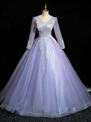 Purple Tulle Long Sleeve V-neck Sequins Quinceanera Dresses