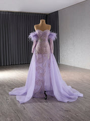 Purple Tulle Mermaid Sequins Prom Dresses With Detachable Sleeve