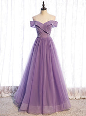 Purple Tulle Off the Shoulder Beading Prom Dresses