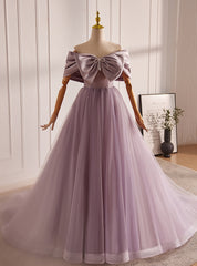 Purple Tulle Off the Shoulder Bow Prom Dresses