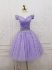 Purple Tulle Off the Shoulder Pleats Beading Homecoming Dresses