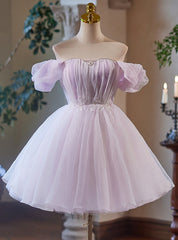 Purple Tulle Off the Shoulder Pleats Homecoming Dresses