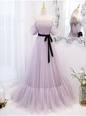 Purple Tulle Off the Shoulder Puff Sleeve Pleats Prom Dresses