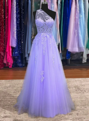 Purple Tulle One Shoulder Appliques Prom Dresses