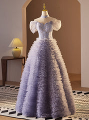 Purple Tulle Pearls Tiers Prom Dresses