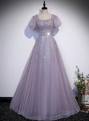 Purple Tulle Puff Sleeve Square Beading Sequins Prom Dresses