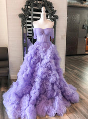 Purple Tulle Ruffles Off-the-Shoulder Prom Dresses