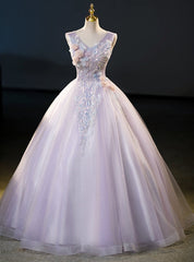 Purple Tulle Sequins Appliques V-neck Quinceanera Dresses