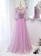 Purple Tulle Sequins Beading Short Sleeve Prom Dresses