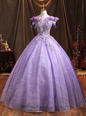 Purple Tulle Sequins Off the Shoulder Appliques Quinceanera Dresses