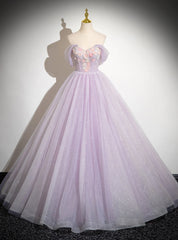 Purple Tulle Sequins Off the Shoulder Flower Prom Dresses