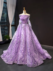 Purple Tulle Sequins Off the Shoulder Long Sleeve Prom Formal Dresses