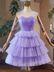 Purple Tulle Sequins Tiers Pearls Homecoming Dresses