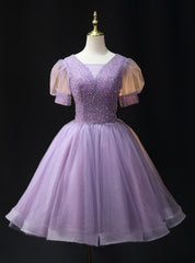 Purple Tulle Short Sleeve Beading Homecoming Dresses