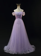 Purple Tulle Spaghetti Straps Beading Prom Dresses