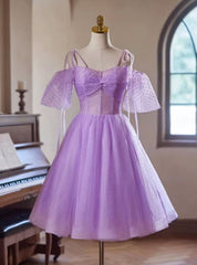 Purple Tulle Spaghetti Straps Pleats Homecoming Dresses