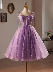 Purple Tulle Spaghetti Straps Tea Length Homecoming Dresses