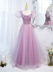 Purple Tulle Square Puff Sleeve Prom Dresses