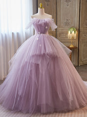 Purple Tulle Strapless Pleats Pearls Quinceanera Dresses