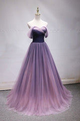 Purple Tulle Sweetheart Gradient Off Shoulder Long Party Dresses, A-line Tulle Prom Dresses Party Dresses