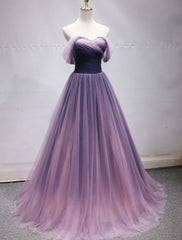 Purple Tulle Sweetheart Gradient Off Shoulder Long Party Dresses, A-line Tulle Prom Dresses Party Dresses