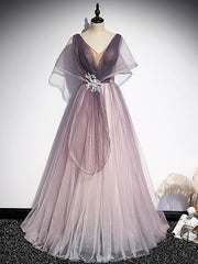 Purple Tulle V-neck Backless Bat Sleeve Prom Dresses