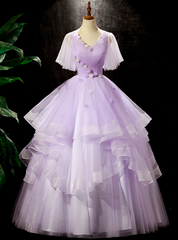 Purple Tulle V-neck Pleats Quinceanera Dresses