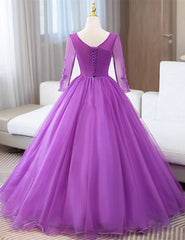 Purple Tulle with Lace Applique Long Sleeves Party Dresses, Purple Tulle Prom Dresses