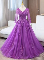 Purple Tulle with Lace Applique Long Sleeves Party Dresses, Purple Tulle Prom Dresses