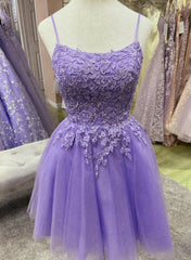 Purple Tulle with Lace Short Straps Homecoming Dresses, Purple Short Prom Dresses