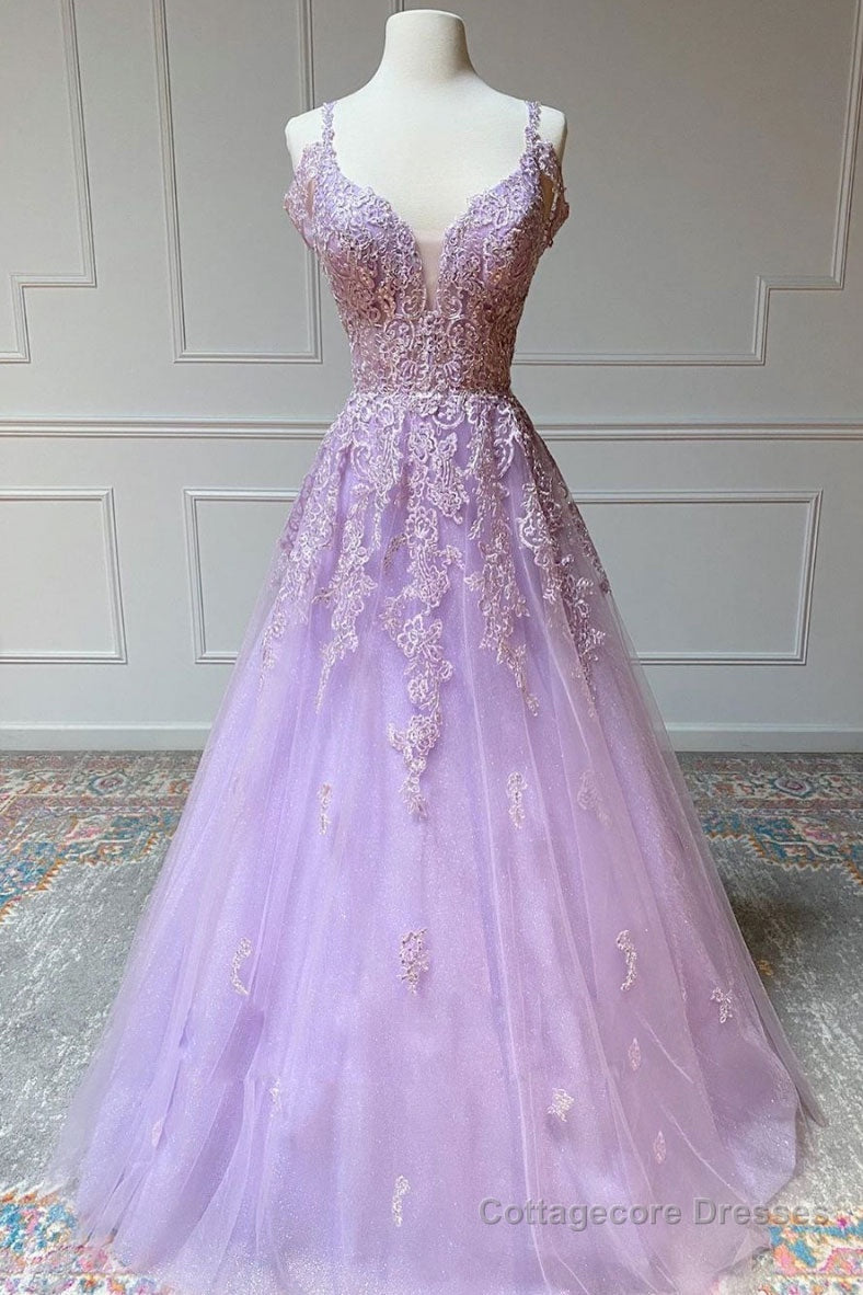 Purple v neck tulle lace long prom dress purple lace formal dress