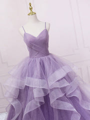 Purple V Neck Tulle Sequin Long Prom Dress Purple Tulle Formal Party Dress