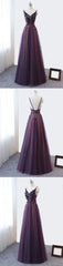 Purple V-neckline Tulle Lace Applique Party Dresses, Purple Formal Dresses Prom Dresses