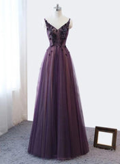 Purple V-neckline Tulle Lace Applique Party Dresses, Purple Formal Dresses Prom Dresses