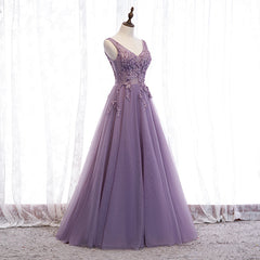 Purple V-neckline Tulle with Lace Floor Length Party Dresses Evening Dresses,Purple Prom Dresses