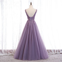 Purple V-neckline Tulle with Lace Floor Length Party Dresses Evening Dresses,Purple Prom Dresses