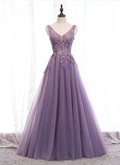 Purple V-neckline Tulle with Lace Floor Length Party Dresses Evening Dresses,Purple Prom Dresses