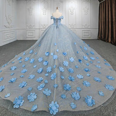 Quinceanera Blue  Off-the-Shoulder  Ball Gown Flower Dresses