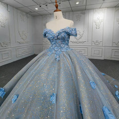 Quinceanera Blue  Off-the-Shoulder  Ball Gown Flower Dresses