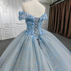 Quinceanera Blue  Off-the-Shoulder  Ball Gown Flower Dresses