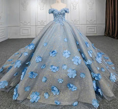 Quinceanera Blue  Off-the-Shoulder  Ball Gown Flower Dresses