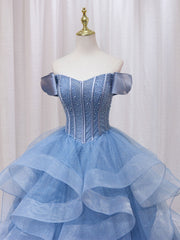 Quinceanera Dresses A-Line Blue Tulle Long Prom Dresses Blue Sweet Dresses