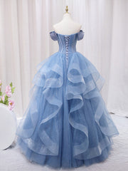 Quinceanera Dresses A-Line Blue Tulle Long Prom Dresses Blue Sweet Dresses