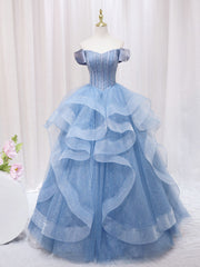 Quinceanera Dresses A-Line Blue Tulle Long Prom Dresses Blue Sweet Dresses