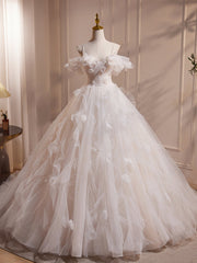 Quinceanera Dresses A-Line Off Shoulder White Long Prom Dresses White Long Tulle Sweet Dresses